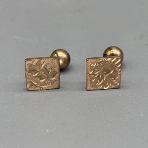 Antique Victorian Engraved Copper Gold Tone Cufflinks Square Floral Scroll